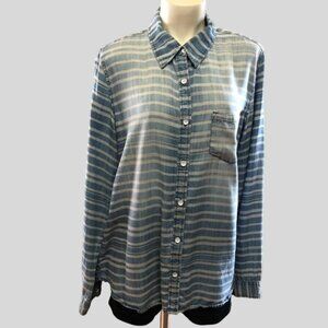 Life In Progress Faded Vintage Striped Denim Look Button Up Shirt Med